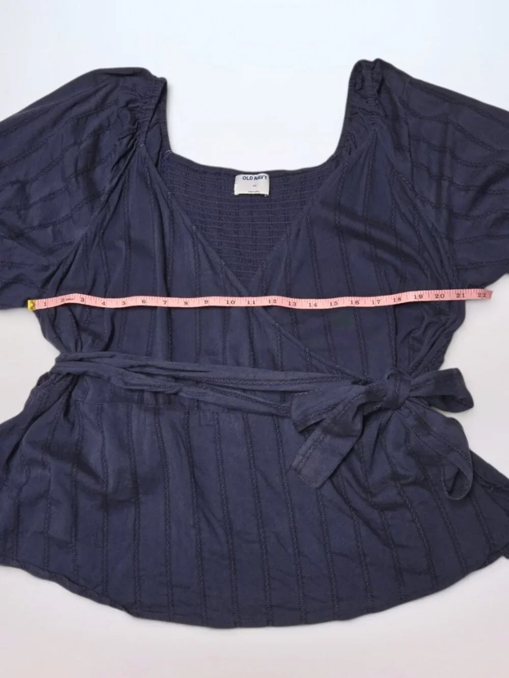 Old Navy Navy Blue Puff-Sleeve Smocked Dobby-Stripe Wrap Blouse (Size 3X)